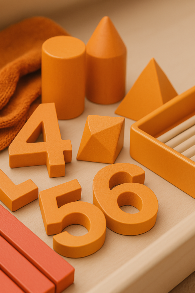 Montessori-Holzformen und Zahlen in verschiedenen Orangetönen, arrangiert auf hellem Holztisch, für die altersgemischte Gruppe.