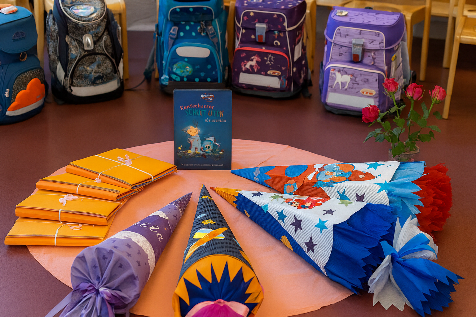 Schultüten und Schulranzen der zukünftigen Schulkinder liegen im Halbkreis um ein Buch zum Thema Schultüten